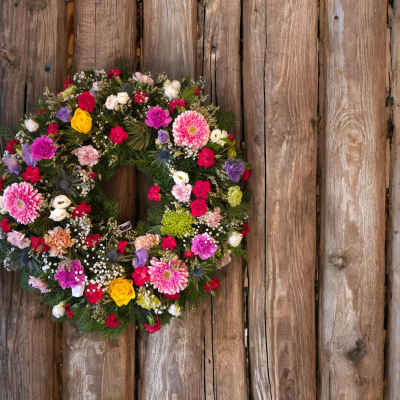 Celebration of Life Wreath - A colourful wreath designed to celebrate a special life and treasured memories.